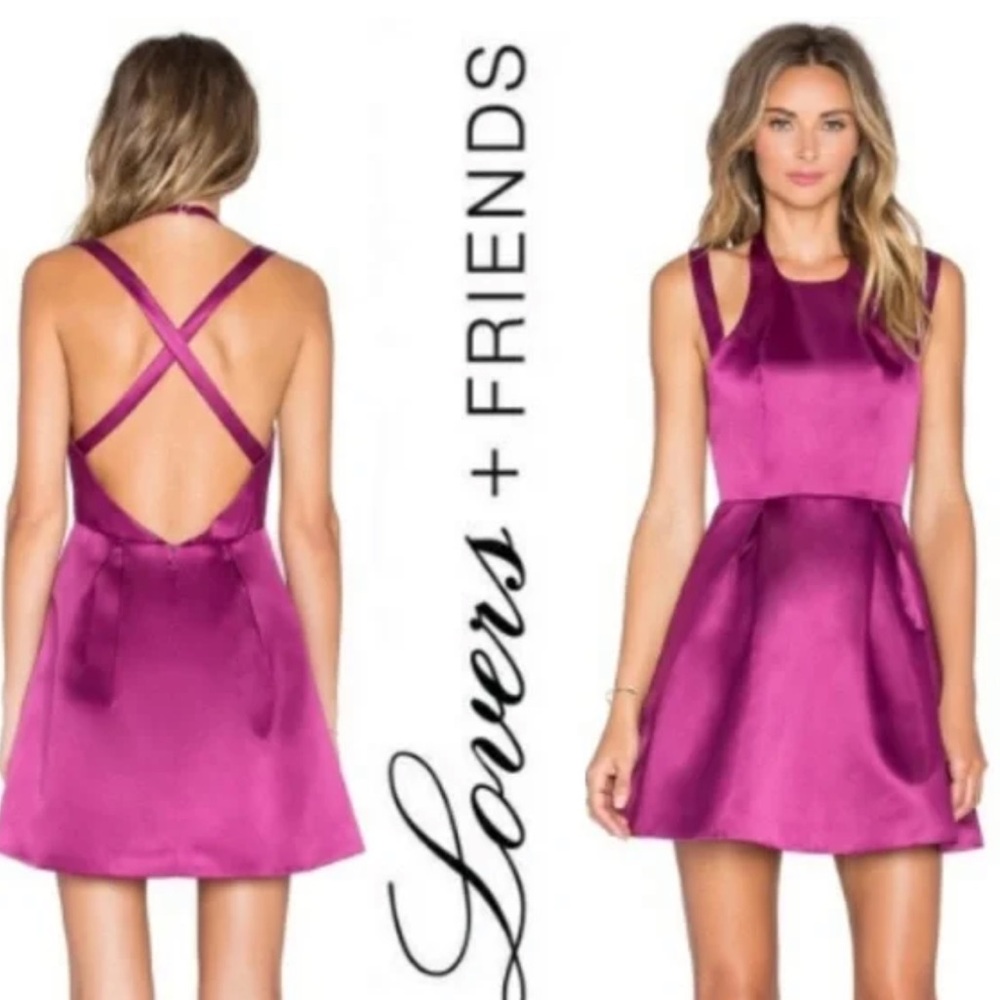 Lovers + Friends Revolve Cranberry Burgundy Berry Satin Halter Criss Cross Dress